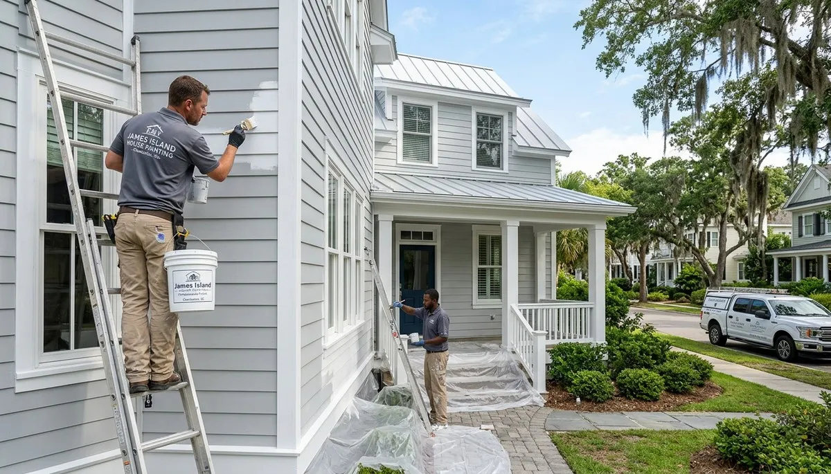 Professional house painters in Charleston SC applying exterior paint to a coastal home