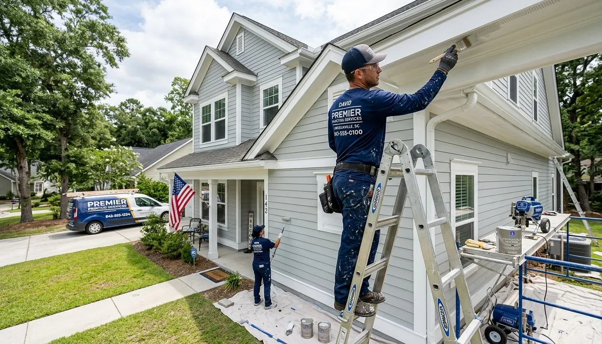 Professional house painters working on Charleston SC home exterior repaint project