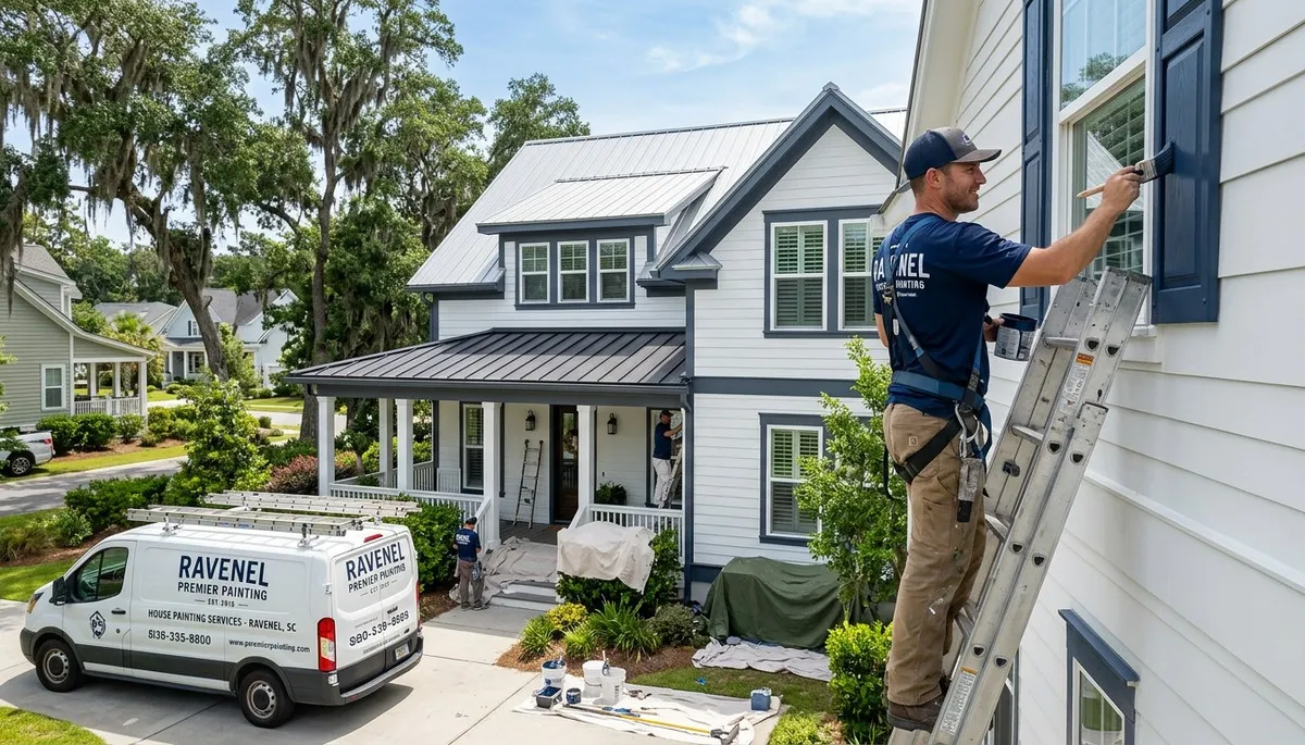 Professional house painters working on Charleston SC home exterior repaint project