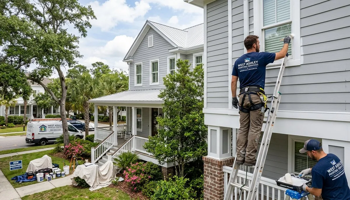 Professional house painters finishing coastal home exterior in Charleston, SC