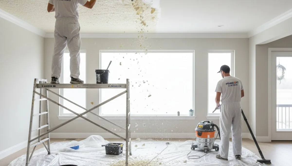 Technicians removing popcorn ceiling in Charleston SC home for smooth modern paint finish